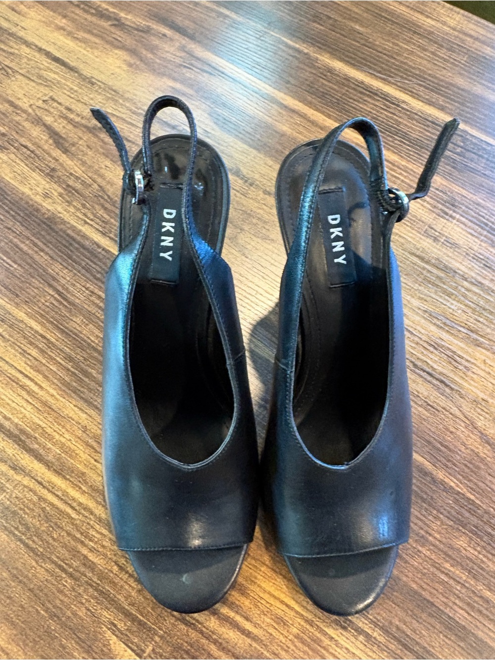 DKNY Black Leather Peep-Toe Slingback Heels